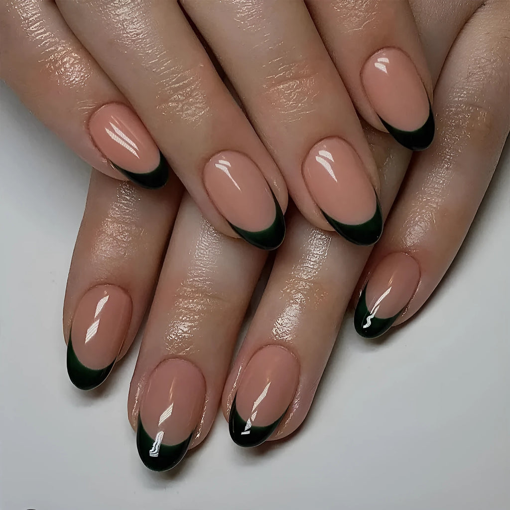 French style manicure nail art set with 24 almond-shaped short tips in simple black colour