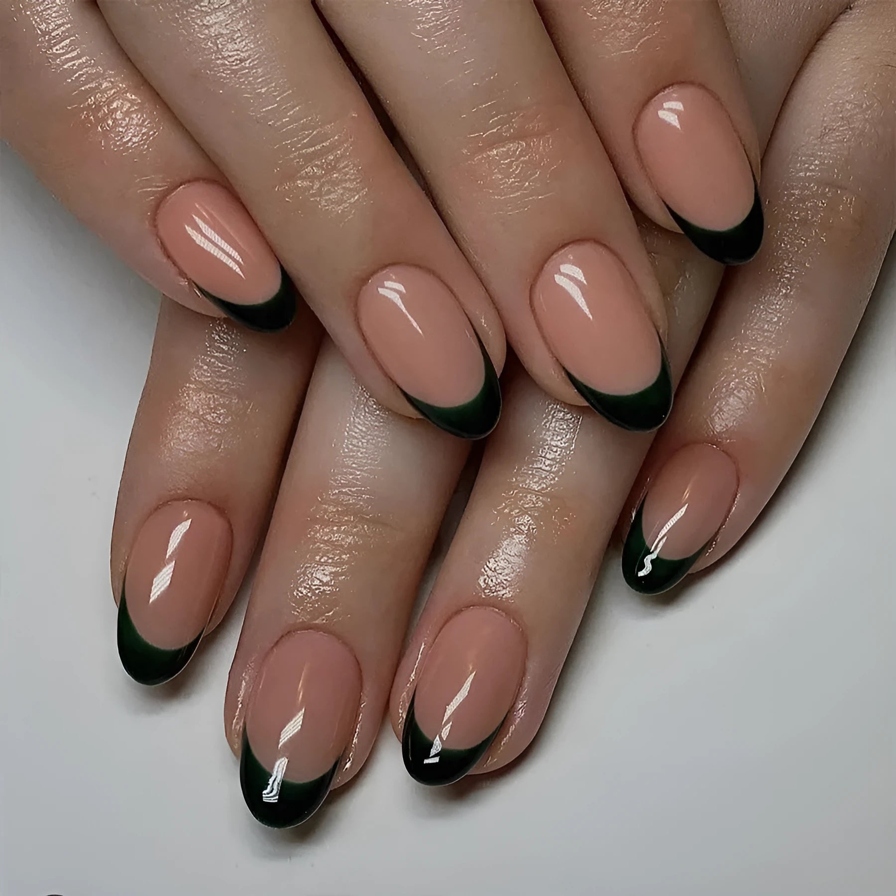 French style manicure nail art set with 24 almond-shaped short tips in simple black colour