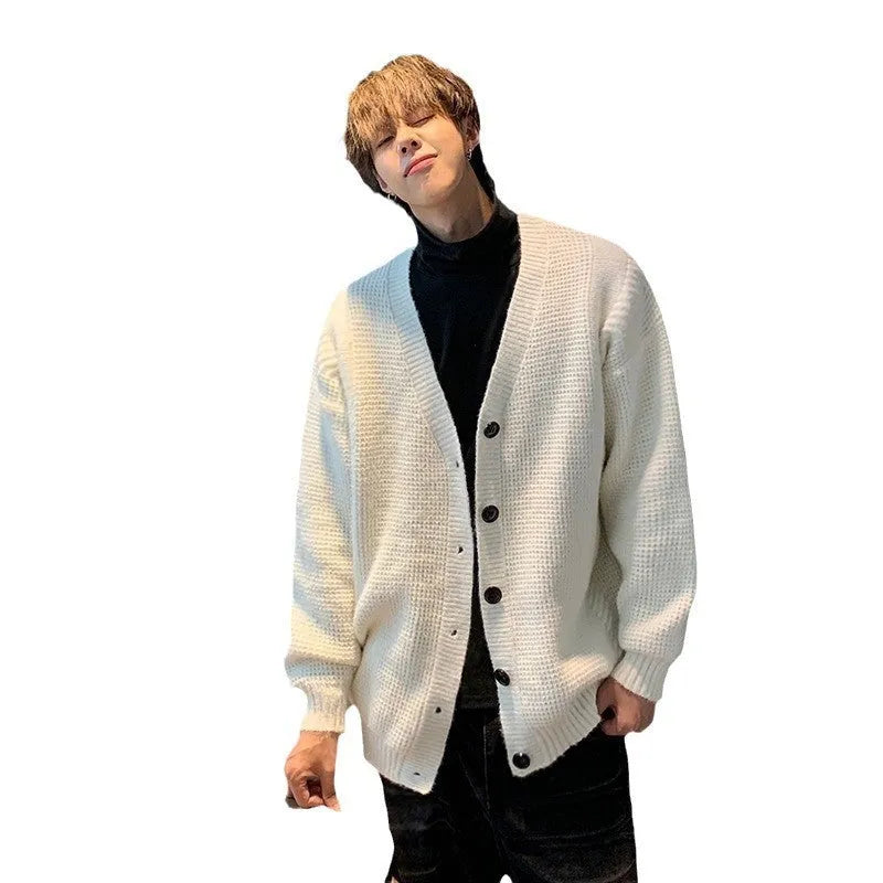 Men's loose fit casual cardigan sweater in army green, shown on a hanger.