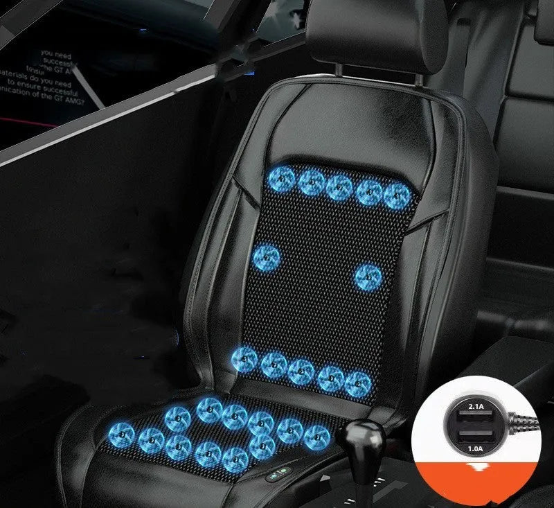 Black ventilated car seat cushion with multiple cooling fans, plugged into a 12V car socket.