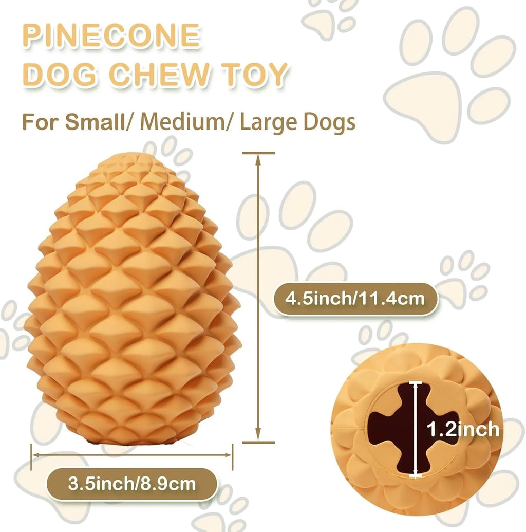 Yellow pine cone-shaped natural rubber dog toy with treat dispenser for medium and large dogs