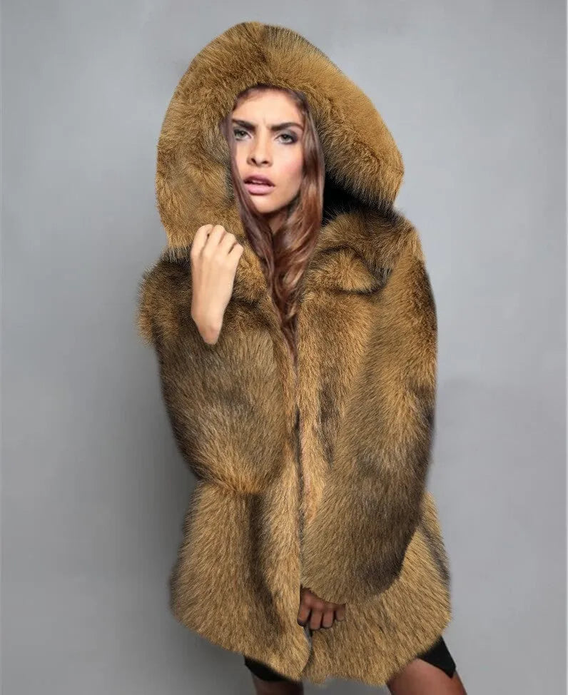 Women's mid-length artificial fur coat in loose trendy style with regular sleeves