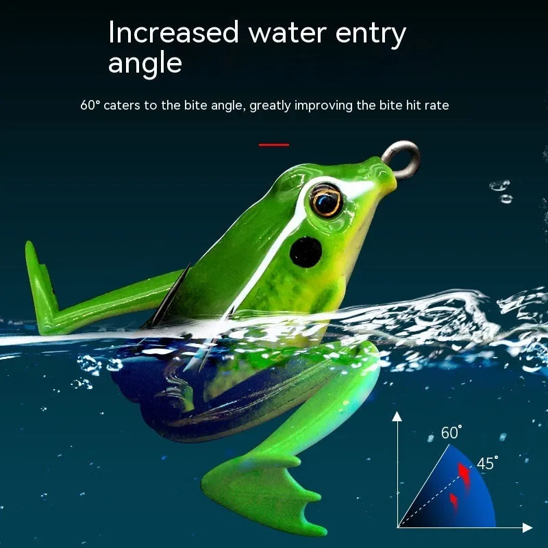 Bionic thunder frog fishing lure with realistic snake head design and double hooks in grass green colour