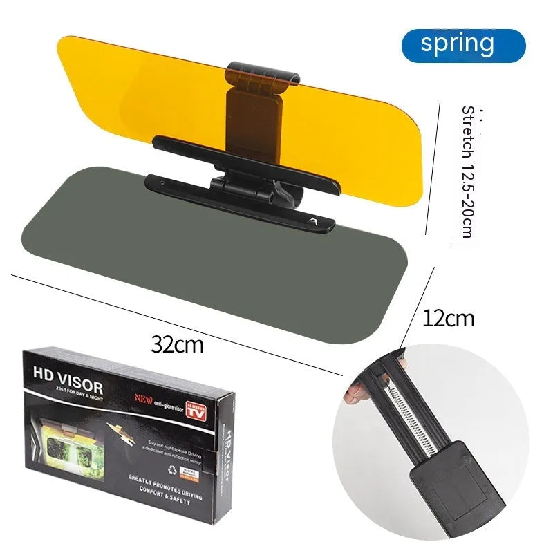 Dual-use car sun visor with anti-high beam goggles showing acrylic lens and adjustment components