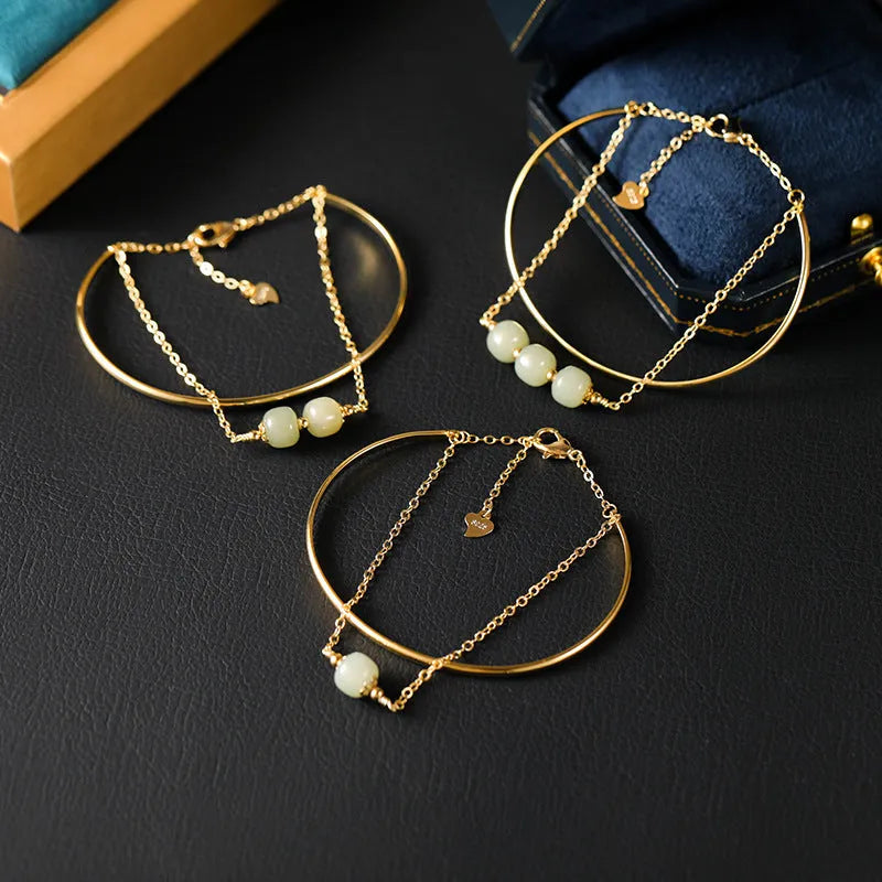 Women's Hetian jade lucky beads bracelet with gold inlay decoration in three bead count versions