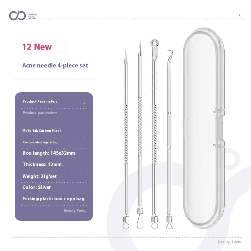Four silver metal acne needles with pointed tips for skincare extraction