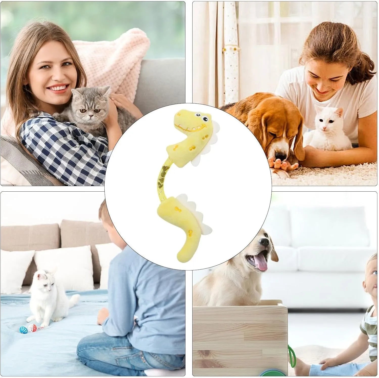 Bundle of four plush cat toys including chew, rope and catnip designs for indoor play