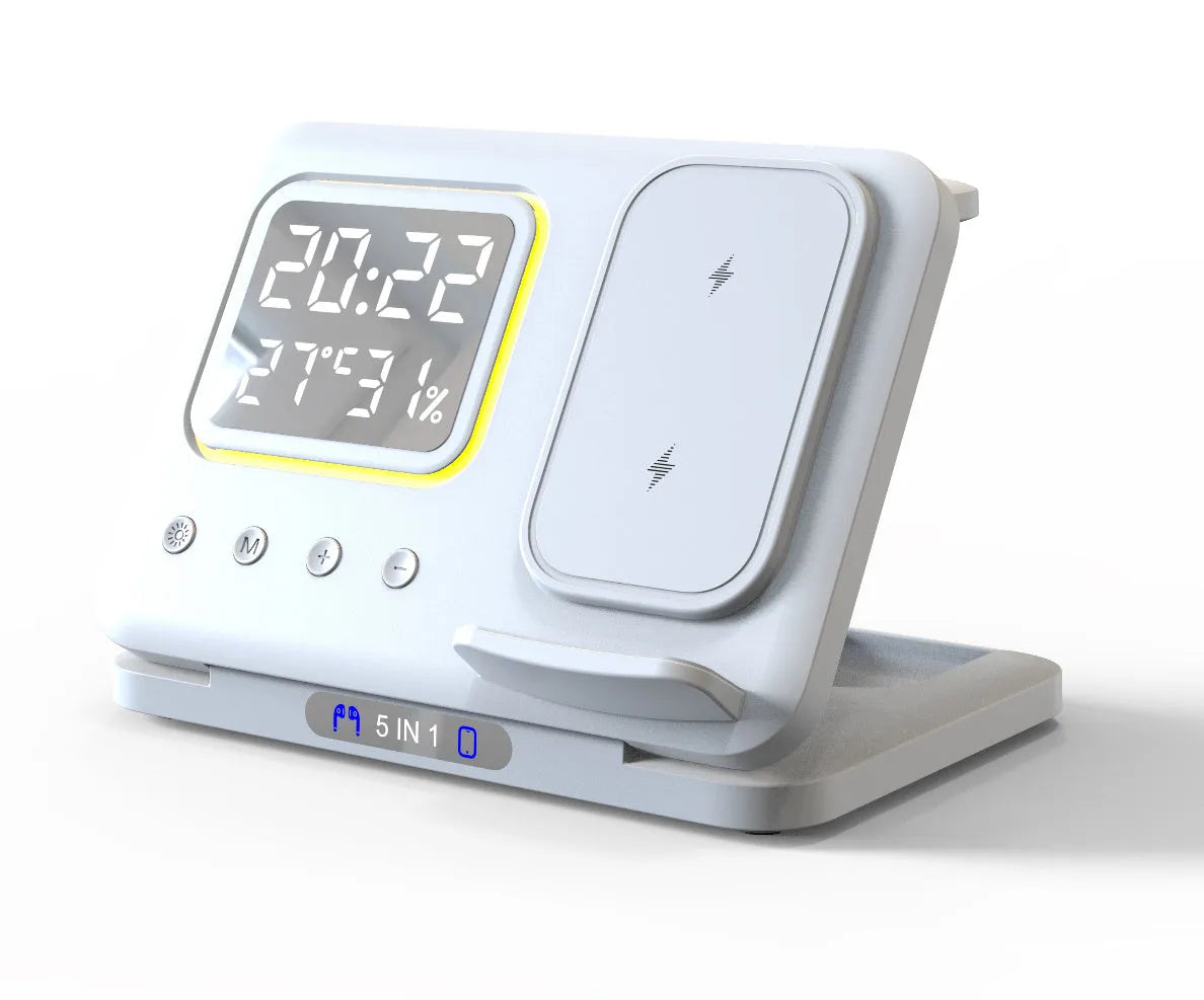 Black and white 15W wireless charging station with LED display showing time, charging phone, watch and headphones