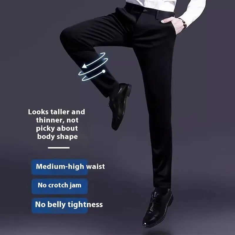 Men's straight leg business casual trousers in navy blue made from polyester blend on a mannequin.