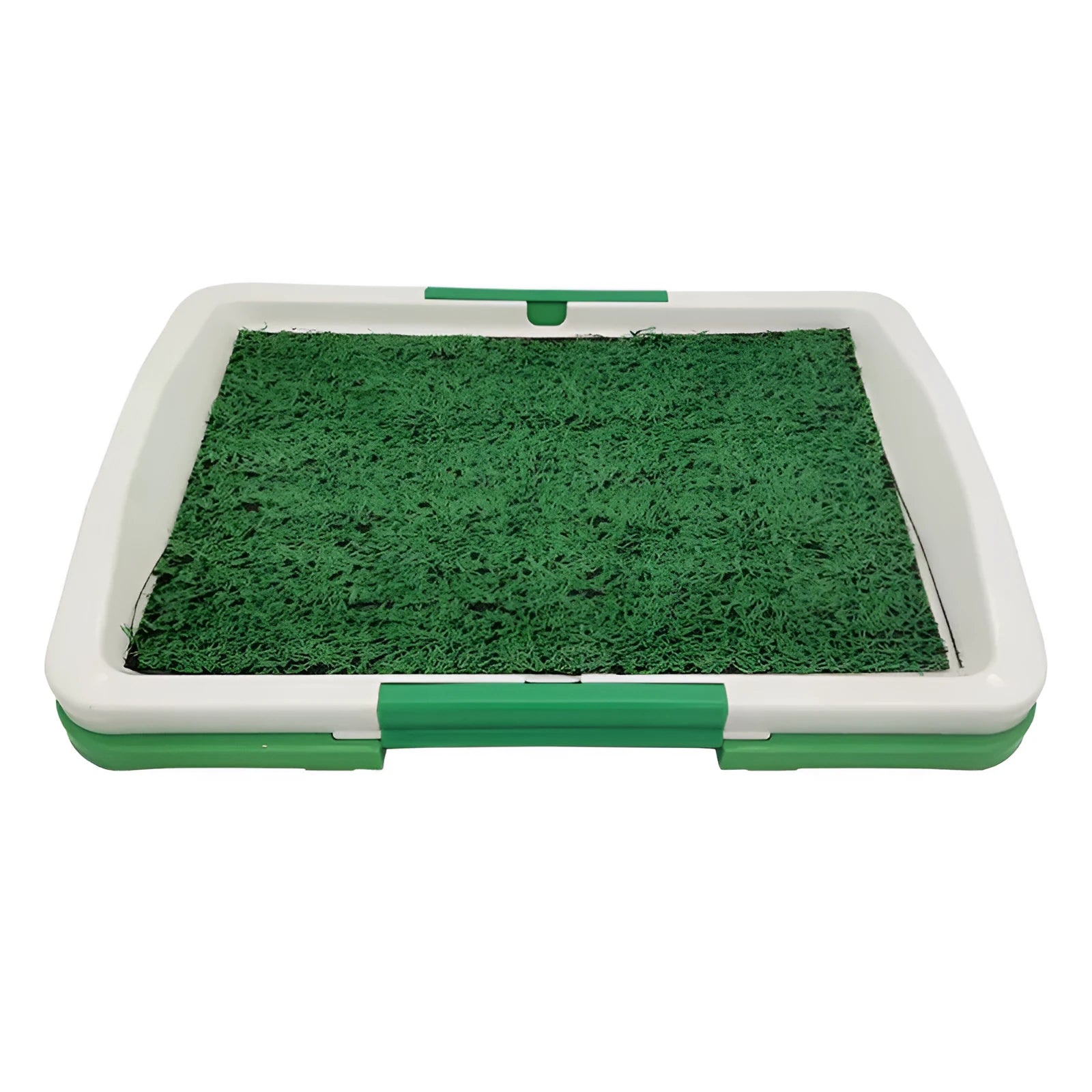 Green artificial grass dog toilet patch with plastic training tray and removable collection base.