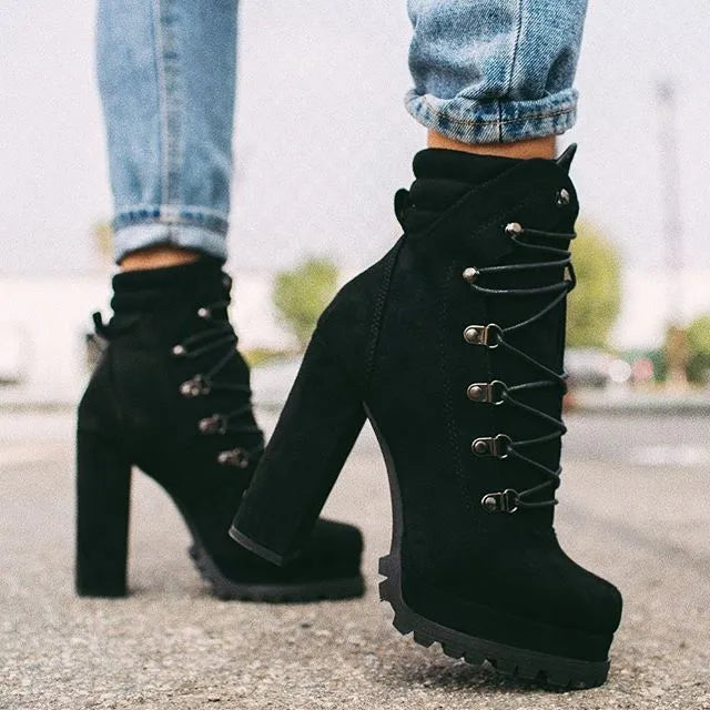 Women's suede high heel ankle boots with waterproof platform in yellow, black, wine red, and army green colours