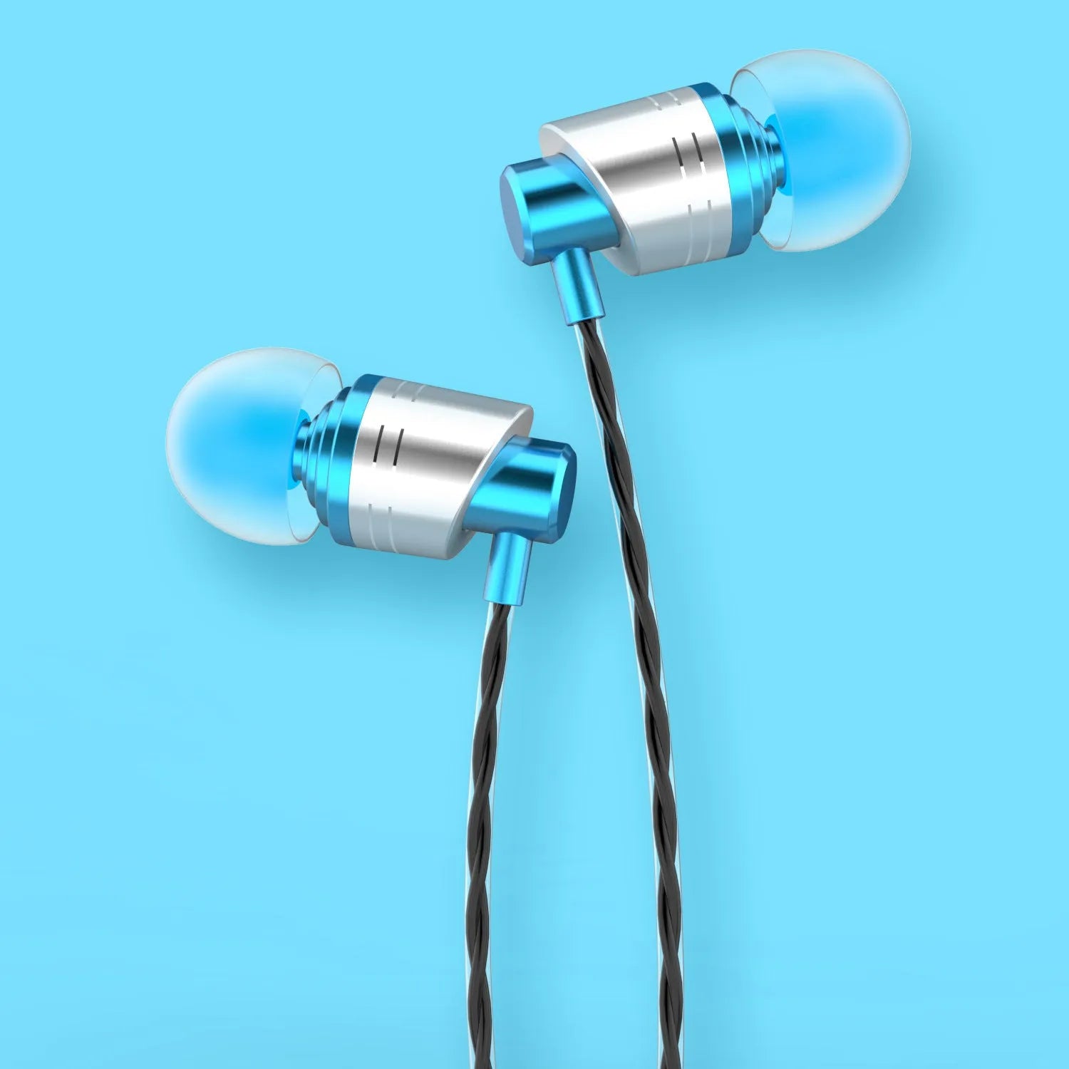 Wired in-ear earphones with a 3.5mm plug, built-in microphone, and TPE cable in black, blue, or red.