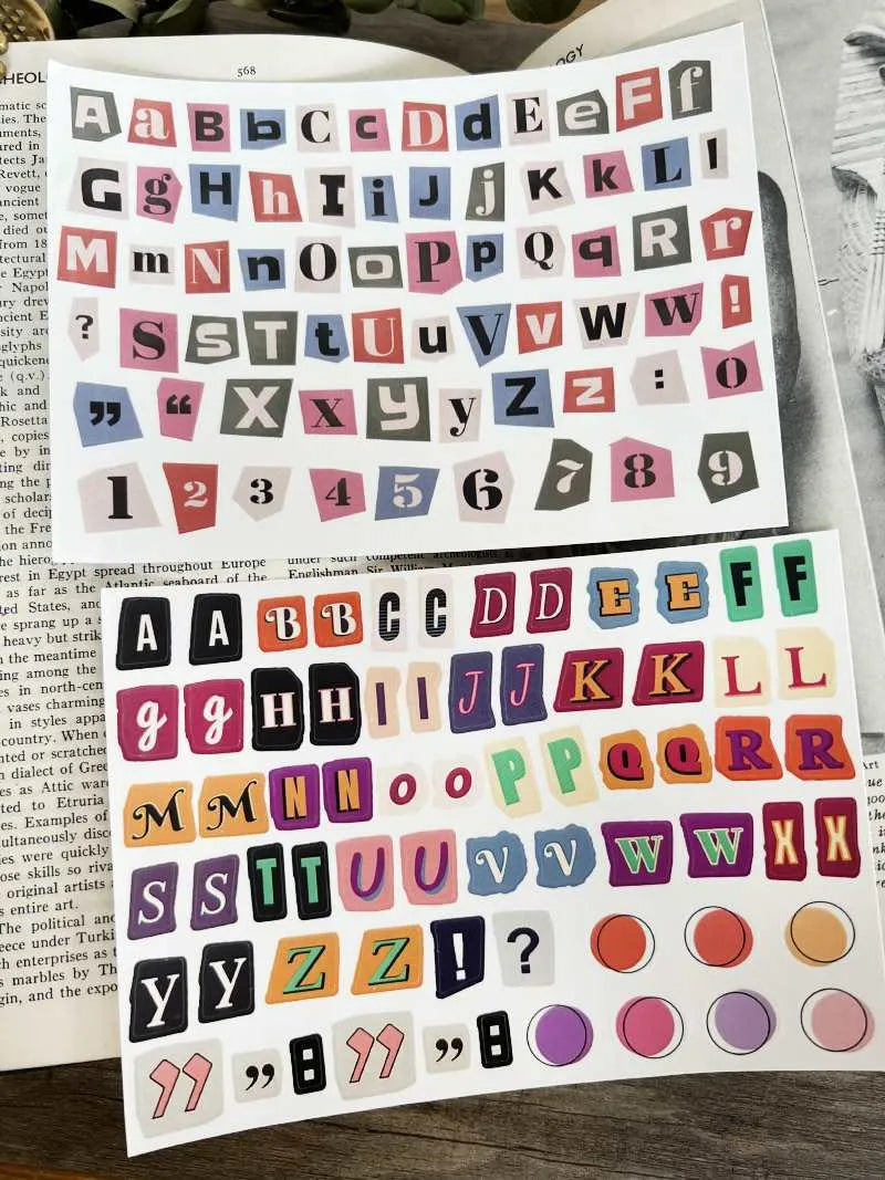 English letters and numbers label sticker set showing alphabet collections and week words in cute printed style