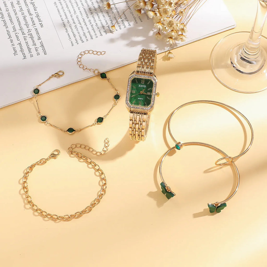 Gold green square watch and four matching bracelets jewellery set for women