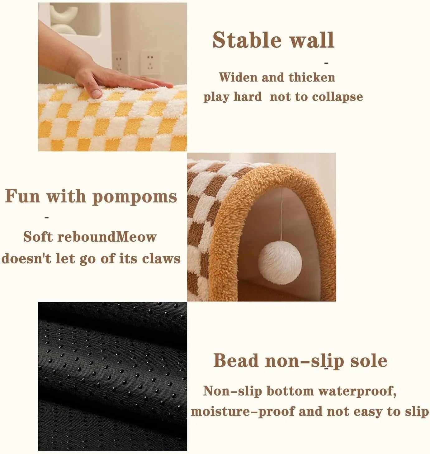 Brown plaid cat tunnel bed with central mat showing non-slip bottom and zipper closure