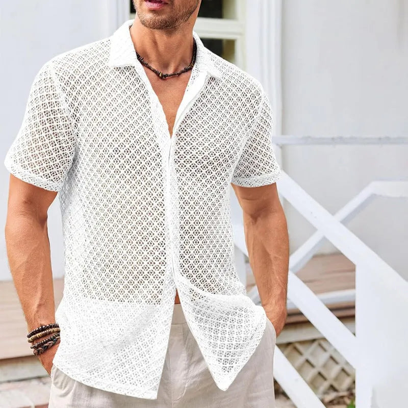 Men's short sleeve lapel shirt in mesh fabric available in beige, black, and white colours