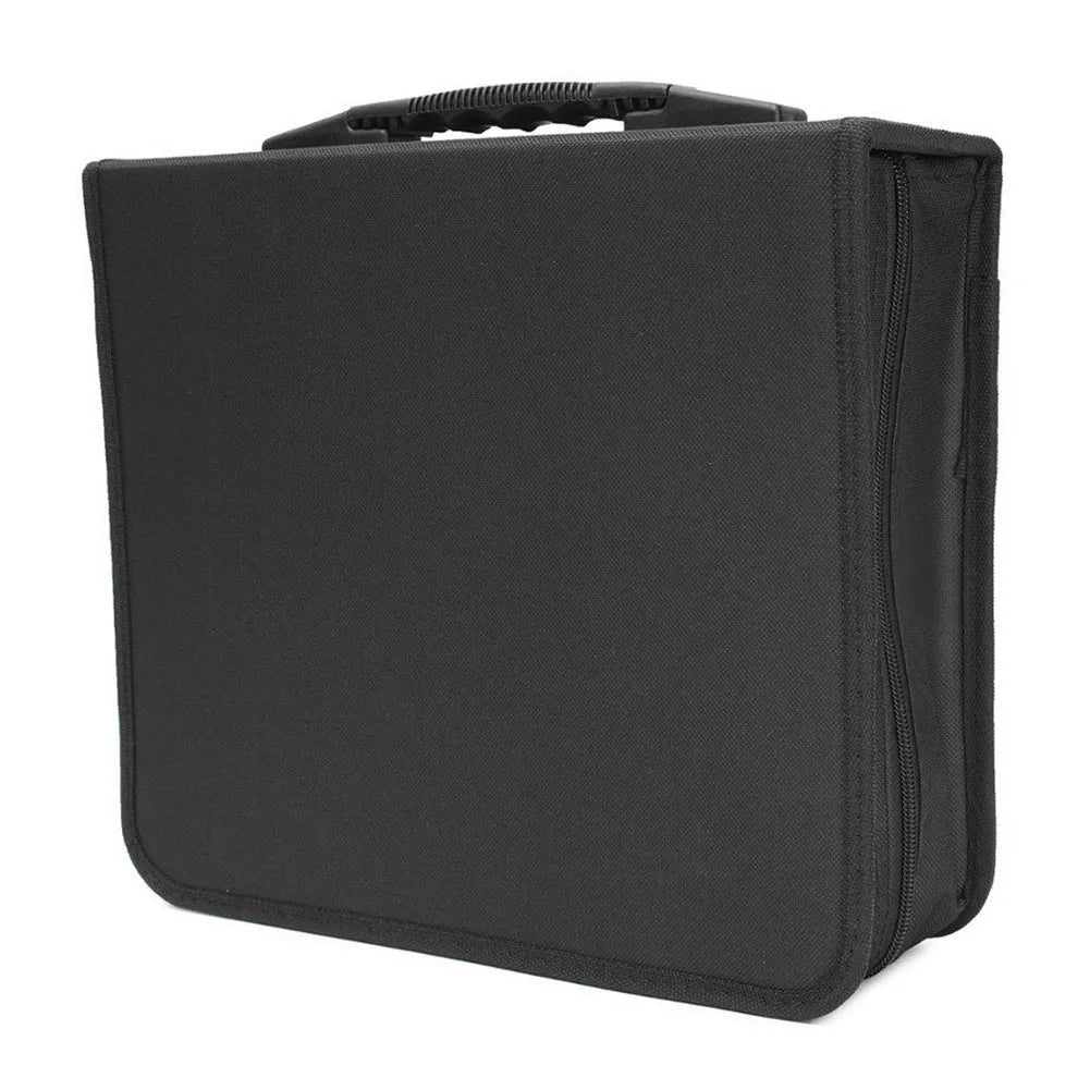 Black oxford cloth CD DVD storage organiser bag with zipper and top carry strap.