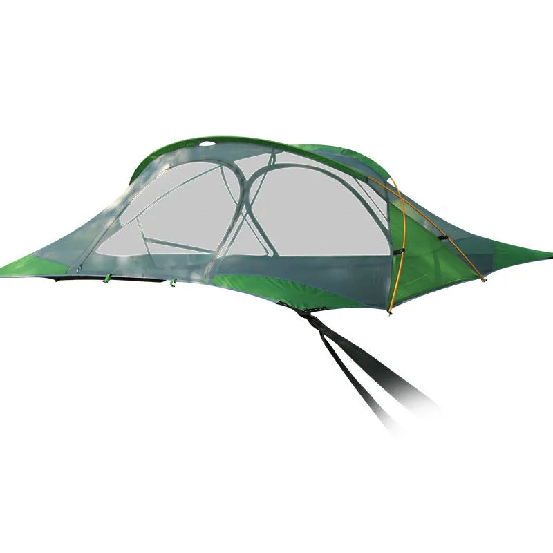 Self-driving tour camping hammock tent with aluminium pole and mosquito net suspended between trees in a forest setting