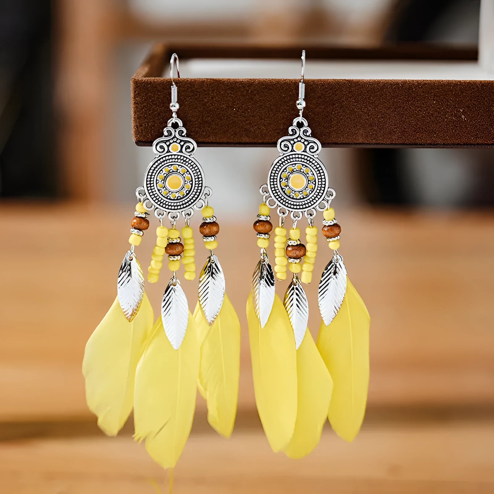 Round drop feather earrings with leaf pattern in Bohemian style, electroplated alloy in various colour options