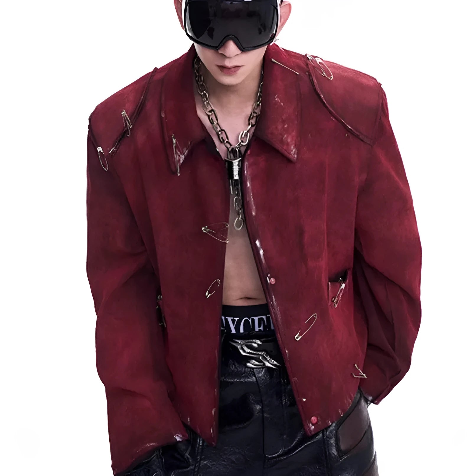 Men's thick quilted flocking jacket with lapel collar and decorative pin in red, loose fit