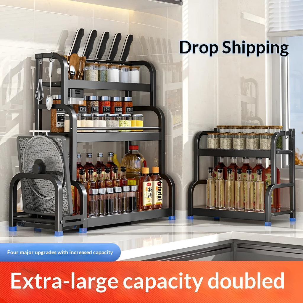 Carbon steel kitchen storage shelf floor rack with knife holder and six hooks