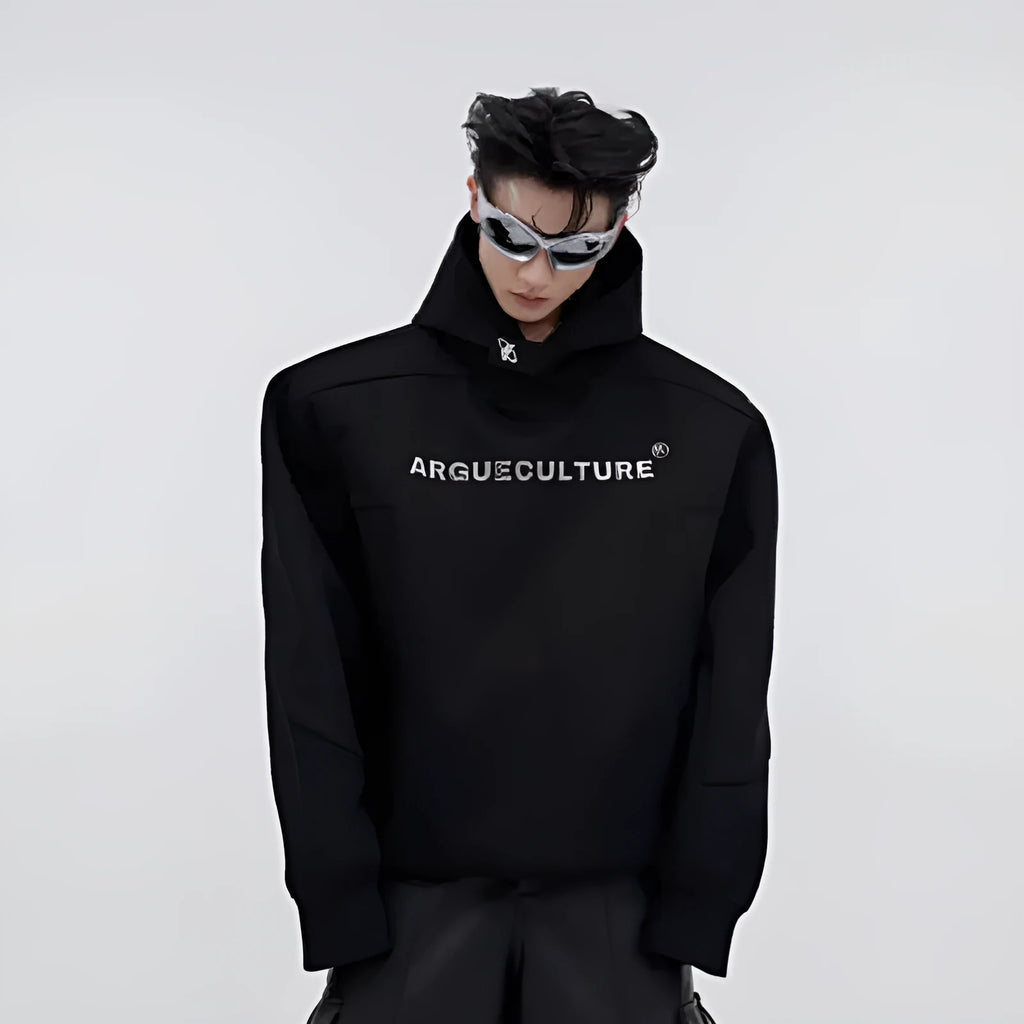 Red men's hooded sweater with heavy shoulder pads and 3D printing detail on a loose fit.