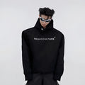 Red men's hooded sweater with heavy shoulder pads and 3D printing detail on a loose fit.