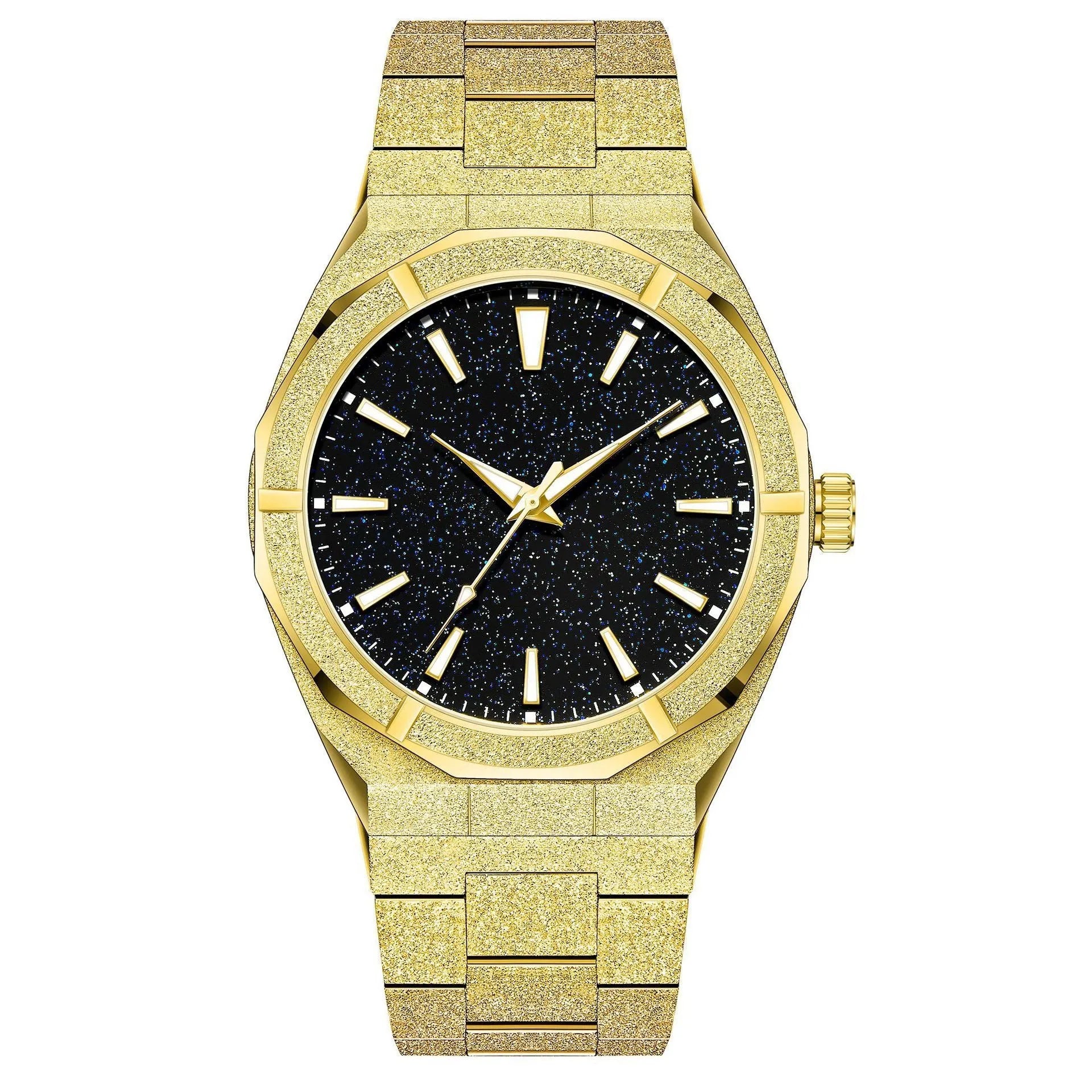 Stainless steel men's business watch with frosted case and luminous markers in black, gold, and silver colours