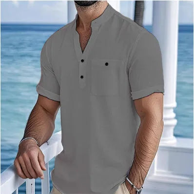 Men's short sleeve linen shirt with stand collar in loose fit, solid colour pullover style