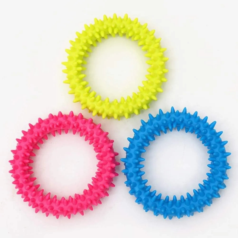 Blue TPR spiky circle ring dog chew toy for dental cleaning and bite training.