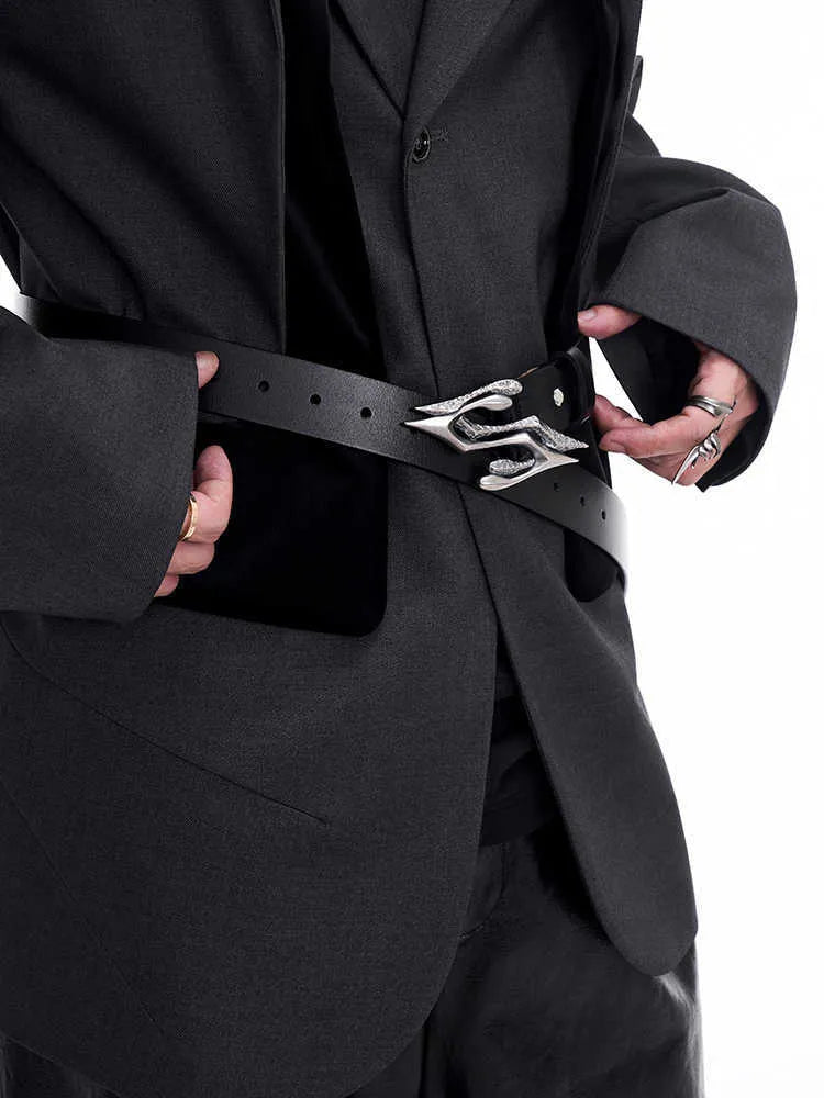 Black men's leather belt with a metal letter buckle on a two-layer cowhide strap.