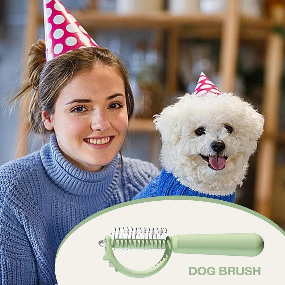 Blue dinosaur-shaped self-cleaning cat brush with double-sided stainless steel slicker pins.