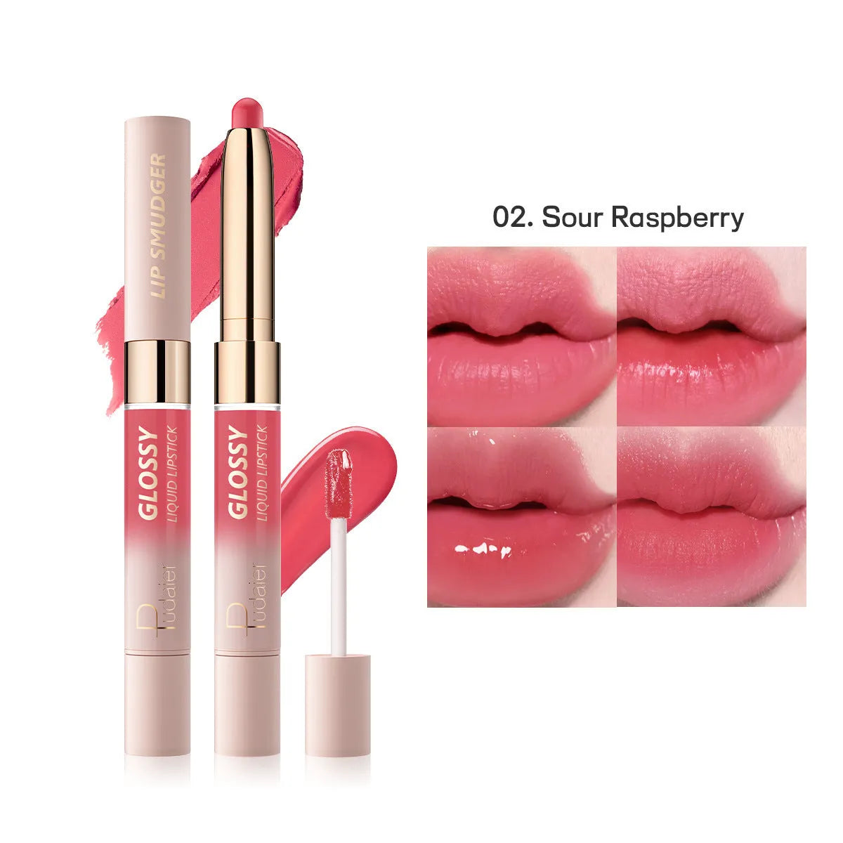 Double-headed lipstick and lip gloss set showing matte finish, available in ten different colour options.