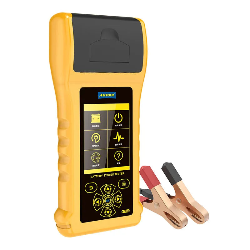 Autool BT760 vehicle battery tester with colour screen, clips, and thermal printer.