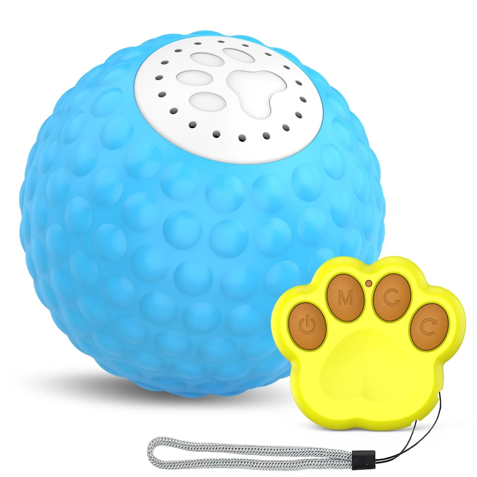 Blue remote control cat toy with rolling ball mechanism and feather attachment