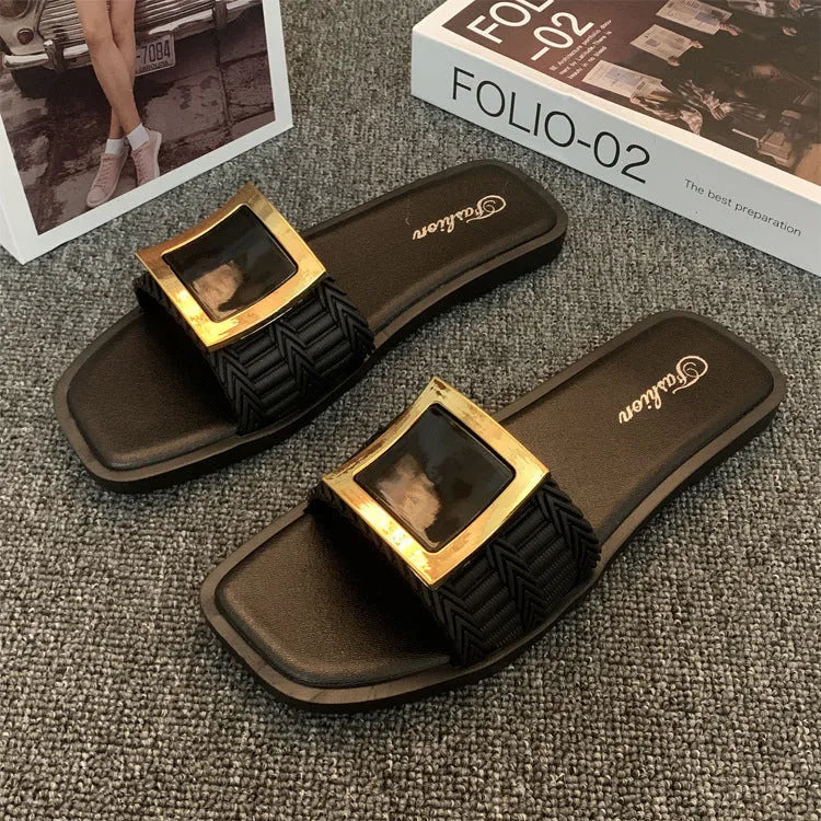 Women's apricot, black, and khaki flat summer slippers with a textured PVC sole.