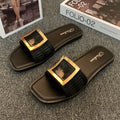 Women's apricot, black, and khaki flat summer slippers with a textured PVC sole.
