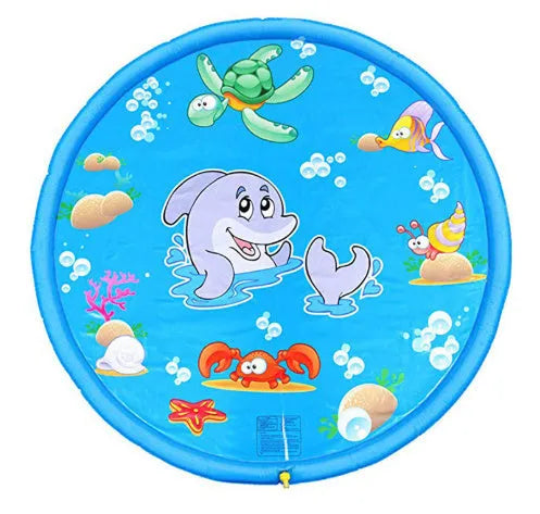 Blue PVC children's water spray play mat with marine animal designs for outdoor garden use