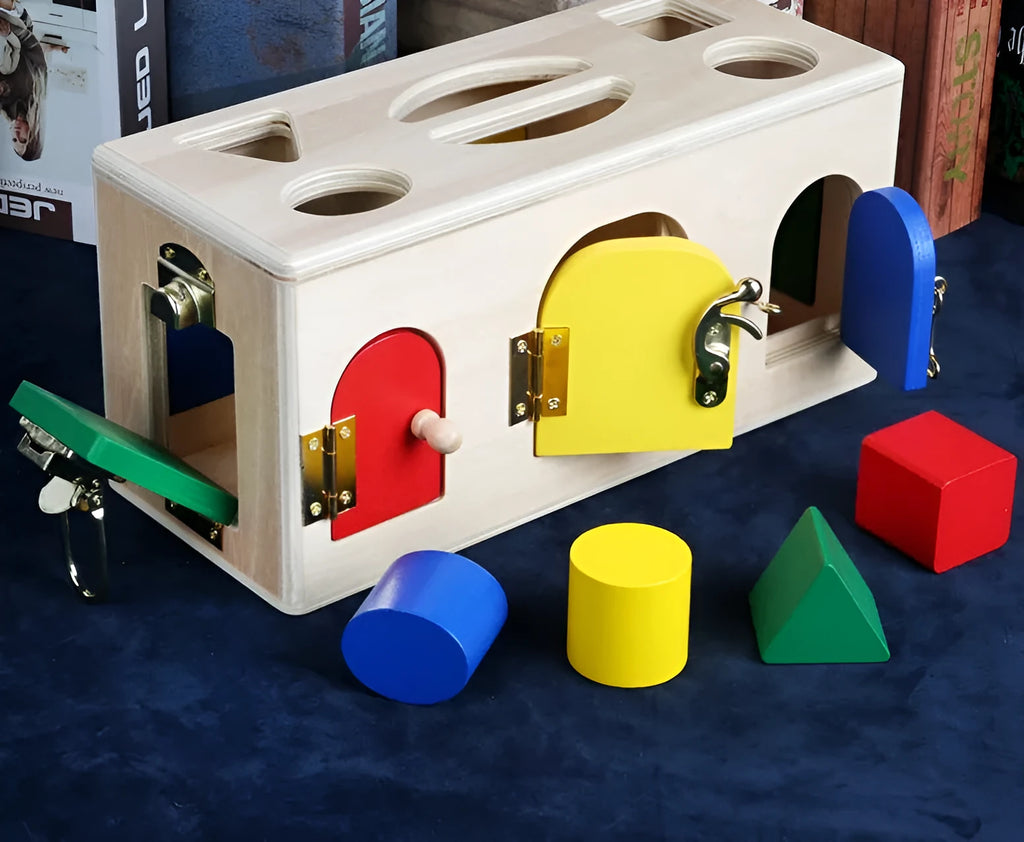 Wooden educational shape lock box toy with 12 wooden shapes for preschool children.
