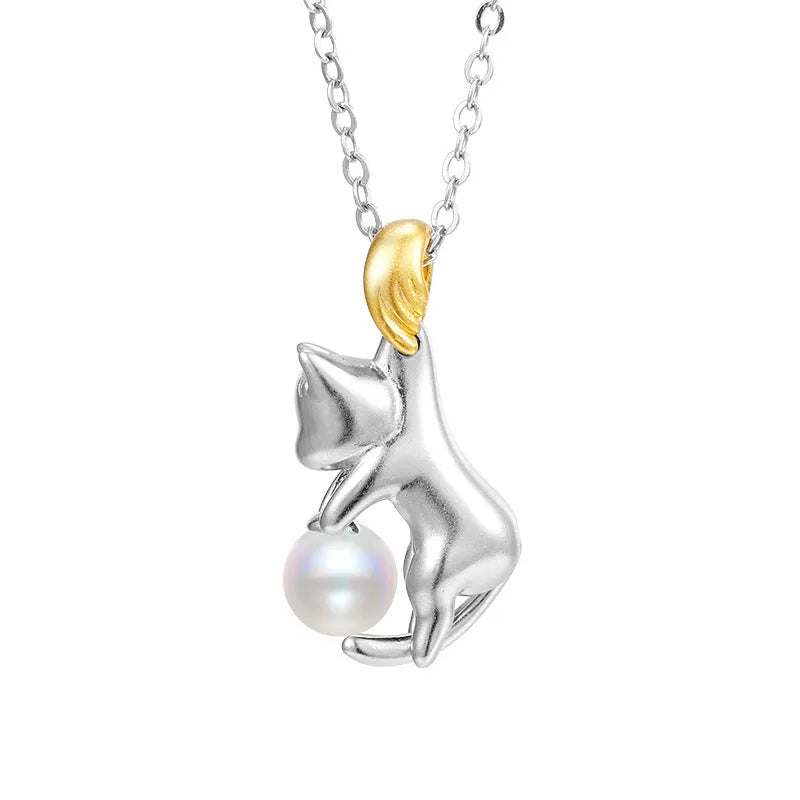 925 sterling silver clavicle chain with cat pendant charm jewellery