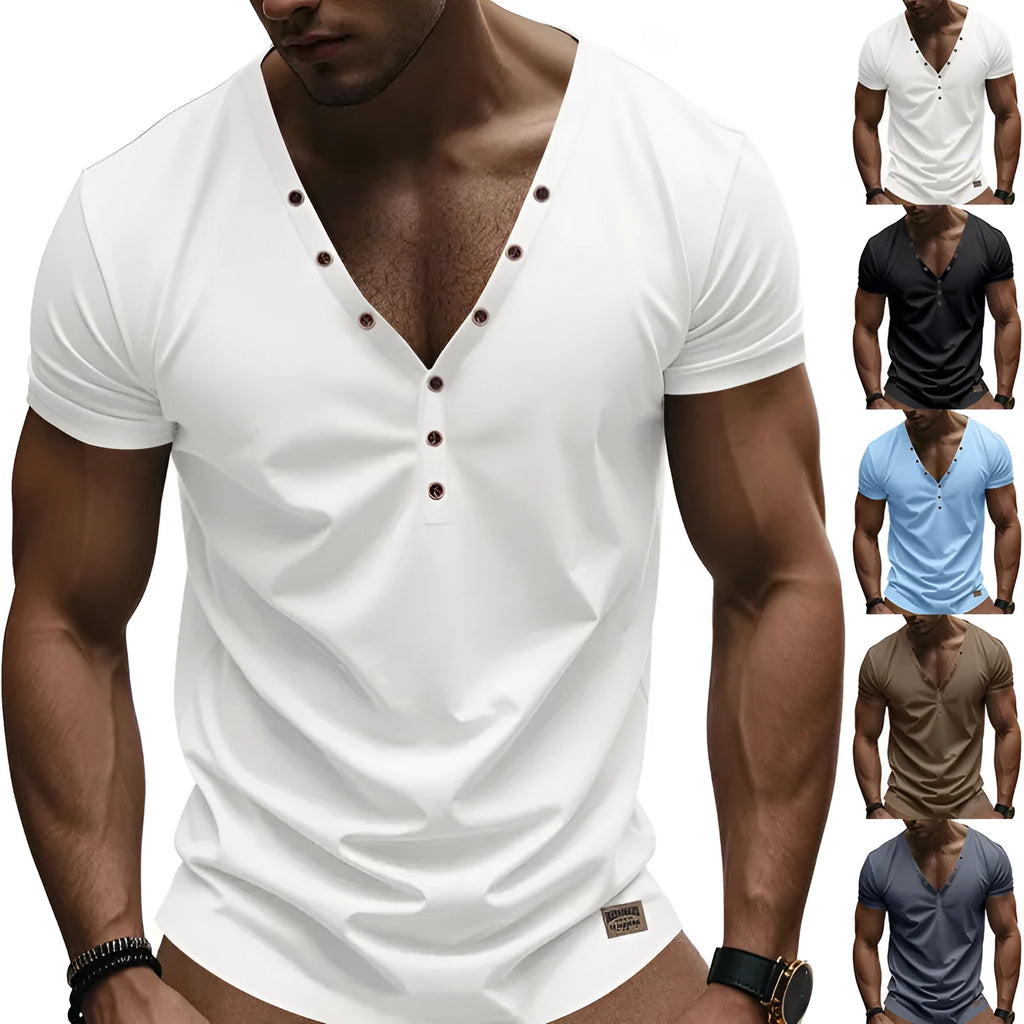 Men's loose solid-colour V-neck top with button detail on a hanger.