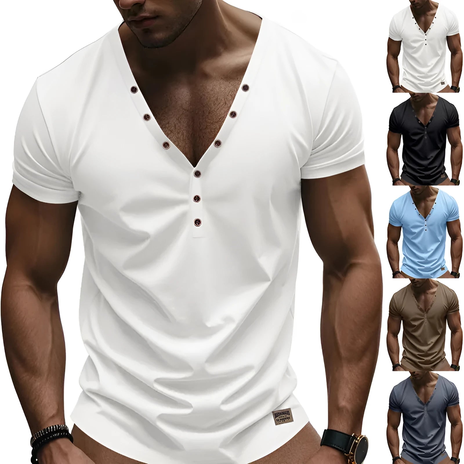 Men's loose solid-colour V-neck top with button detail on a hanger.