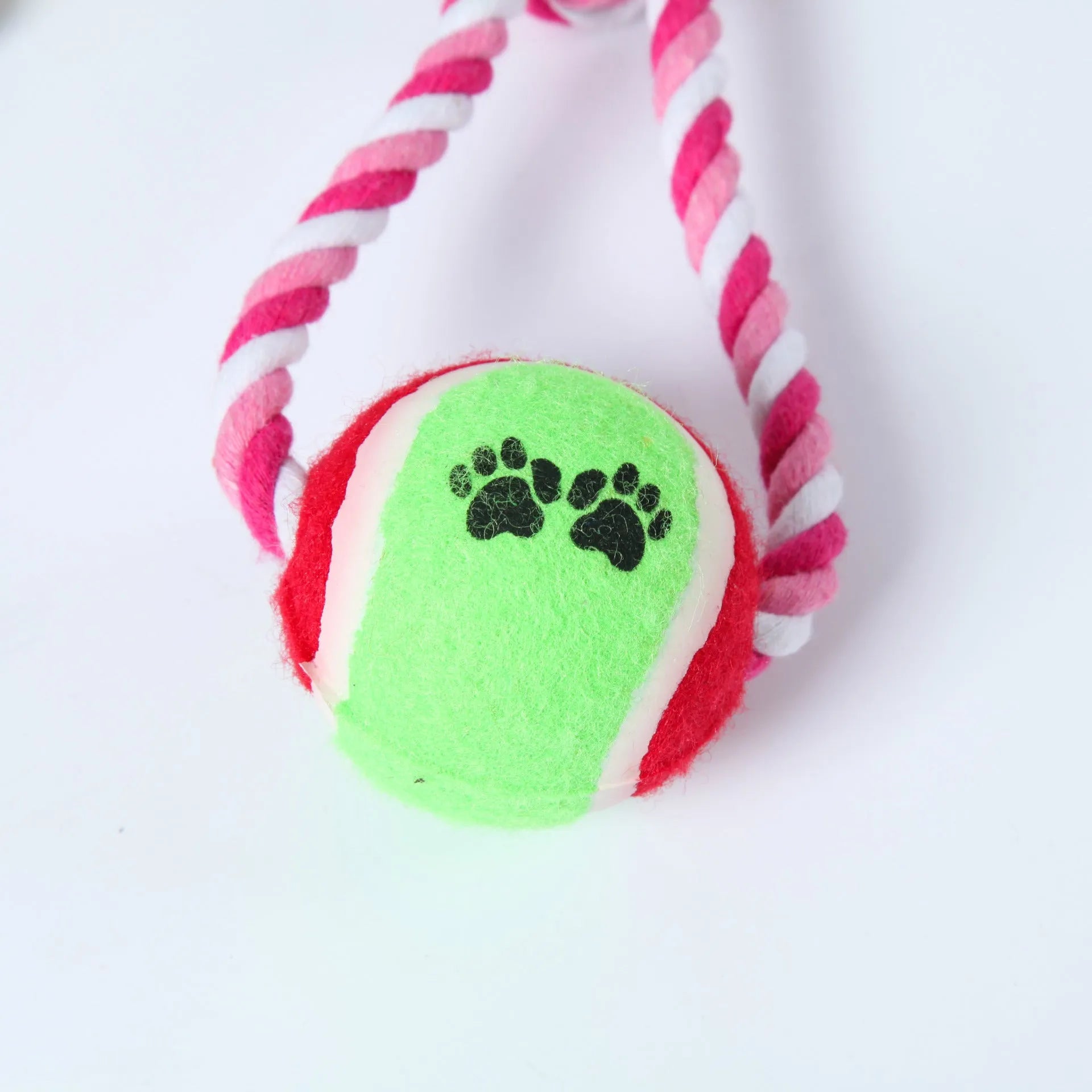Red and white cotton string dog tug toy, approximately 38 cm long, for medium and large breeds.