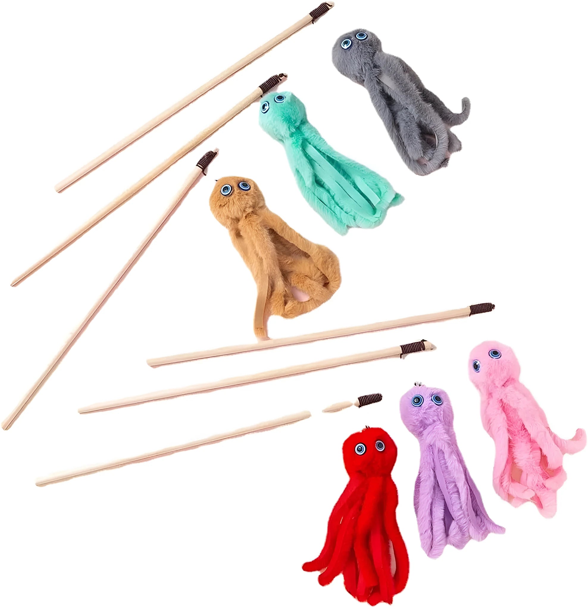 Brightly coloured furry octopus cat toy attached to a long stick for interactive indoor play