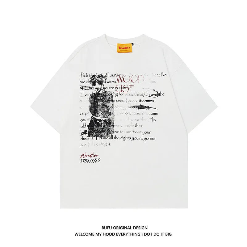 Men's black pure cotton hip hop style T-shirt with loose fit and letter print design