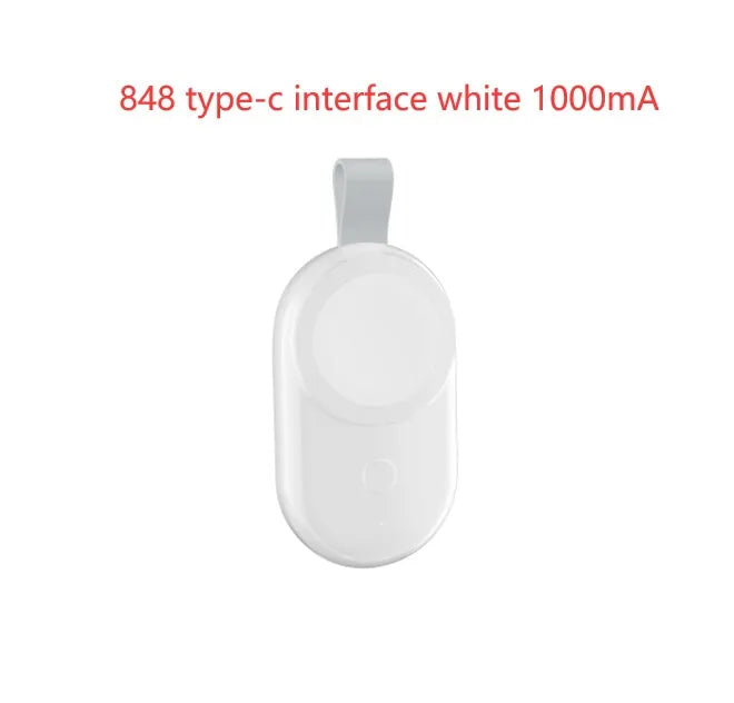 Portable wireless charger dock for Apple Watch in white, with USB cable and compact ABS body