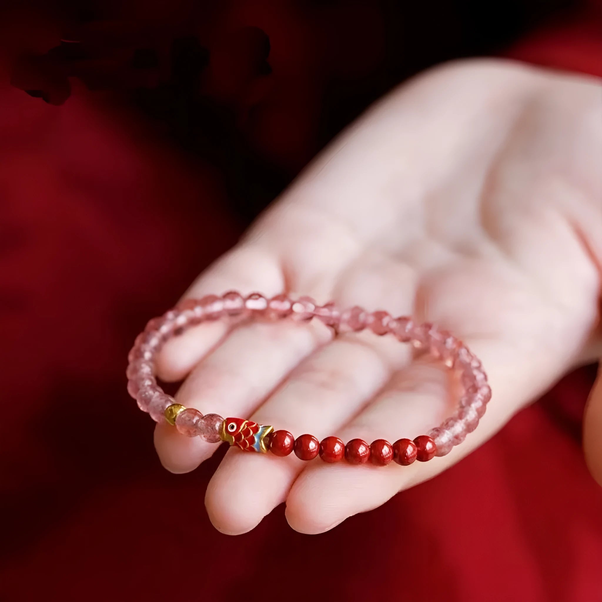 Purple cinnabar and strawberry quartz beaded bracelet with oil drip treatment for women