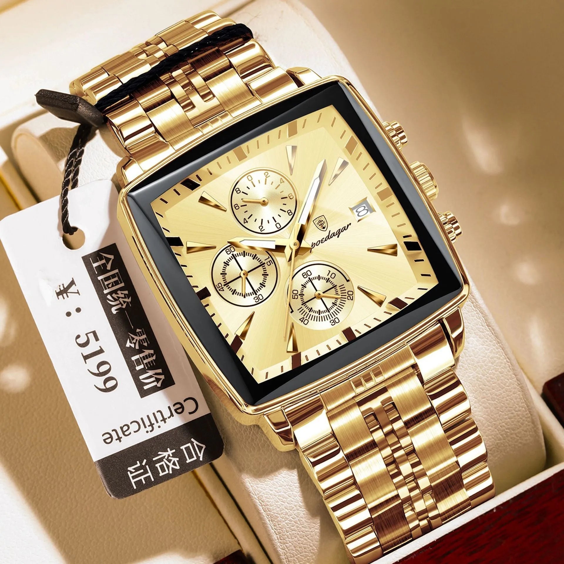 Square men's business quartz watch with stainless steel strap and mineral glass face.