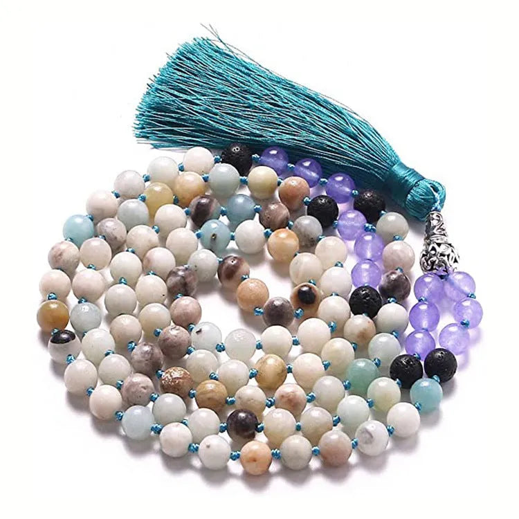 Long geometric agate necklace with tassel pendant in natural stone colours on a 95-100cm chain.