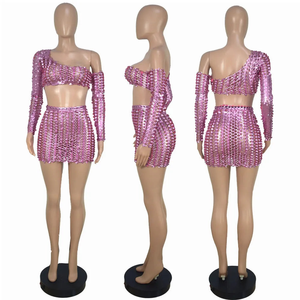 Women's black two-piece dress set with net hole hollow-out design on sleeveless top and short skirt